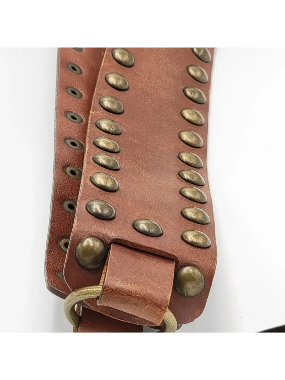 Vtg Y2k Express Studded Boho Brown Leather Wide Belt Antique Brass Hardware